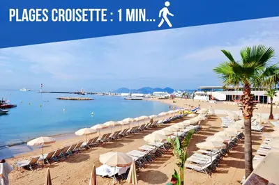 a beach with a bunch of umbrellas and the ocean at Renovated studio near the CROISETTE in Cannes