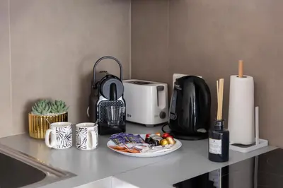 a kitchen counter with a coffee maker and a plate of food at Renovated studio near the CROISETTE in Cannes