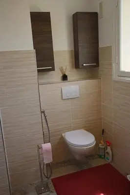 a small bathroom with a toilet and a shower at Air-conditioned Apartment of 90 m2 only 200 meters away from the Croisette in Cannes
