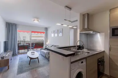 a kitchen with a sink and a living room at Amandier du Moure Rouge in Cannes