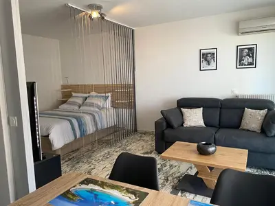 a living room with a couch and a bed at Cannes centre Lou Souquetan in Cannes