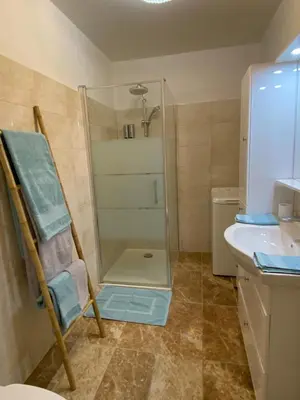 a bathroom with a glass shower and a sink at Cannes centre Lou Souquetan in Cannes