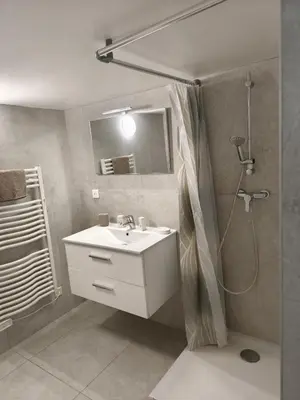 a bathroom with a sink and a shower at Grand studio avec terrasse in Cannes
