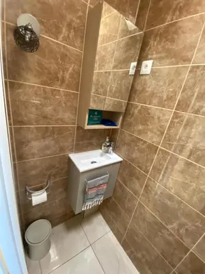 a bathroom with a toilet and a sink and a mirror at Appartement vue panoramique sur Cannes, 100M2 3P in Cannes