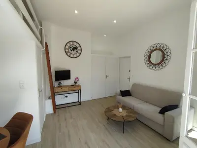 a living room with a couch and a table at Studio mezzanine in Cannes