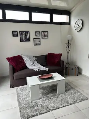 a living room with a couch and a coffee table at Résidence Cannes Plage Business Saisonnier in Cannes