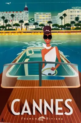 a poster of a woman on a boat in the water at Appartement 3 Etoiles centre moderne terrasse piscine parking in Cannes