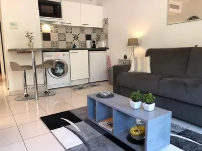 a living room with a couch and a table at Appartement 3 Etoiles centre moderne terrasse piscine parking in Cannes