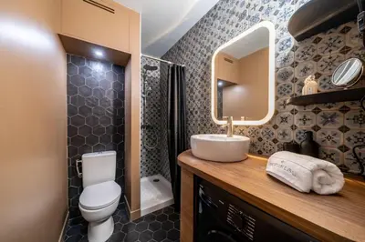 a bathroom with a toilet and a sink and a mirror at Sublime studio in the center of Cannes in Cannes