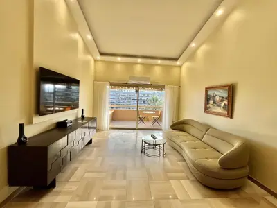 a living room with a couch and a television at Astoria luxury apartment- 3 bathrooms in Cannes
