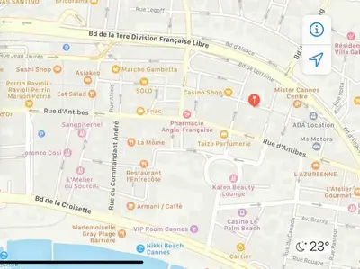 a map of the city of dublin with attractions at Cannes banane, T2 centre ville, 400 m des plages in Cannes
