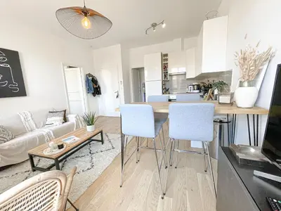 a kitchen and living room with a table and chairs at Cannes banane, T2 centre ville, 400 m des plages in Cannes