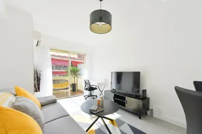 a living room with a couch and a tv at Apartment with Terrace walk to Beaches & Shopping in Cannes
