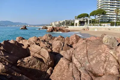 a beach with rocks in the water and a building at Studio bord de mer in Cannes