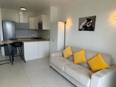 a living room with a couch and a kitchen at Super Apartment, Parking, Terrace, Lift, WIFI, Palm Beach, Cannes in Cannes