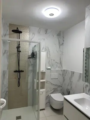 a bathroom with a shower and a toilet and a sink at Super Apartment, Parking, Terrace, Lift, WIFI, Palm Beach, Cannes in Cannes