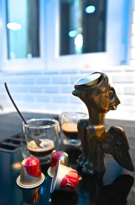 a table with a statue of a bird on a table at Cité Saint Paul Terrasse Parking Clim Wifi Sauna in Cannes