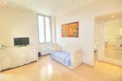 a living room with a couch and a tv at ALC - FONT3 - 10 min PALAIS in Cannes