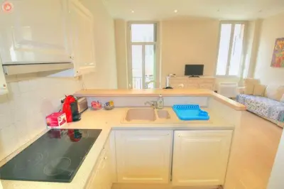 a kitchen with a sink and a living room at ALC - FONT3 - 10 min PALAIS in Cannes
