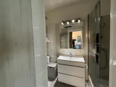 a bathroom with a sink and a shower and a mirror at Studio Cannes Carré d'Or in Cannes
