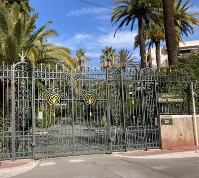 a metal gate with palm trees on a street at Cocon paradisiaque avec piscine, terrasse, jardin au calme absolu in Cannes