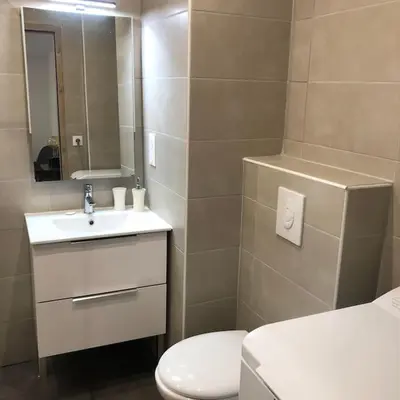a bathroom with a toilet and a sink and a mirror at Appartement 2 pièces avec un jardin privatif in Cannes
