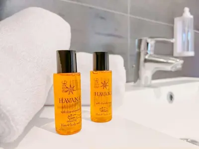 two bottles of hair products sitting on a bathroom sink at Le TerrAzur - Logement 4 personnes Cannes in Cannes