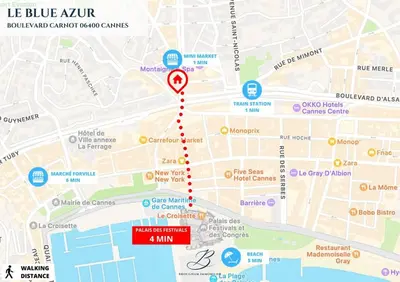 a map of a blue xiv route with a red marker at Le BlueAzur - Proche Palais centre Cannes in Cannes