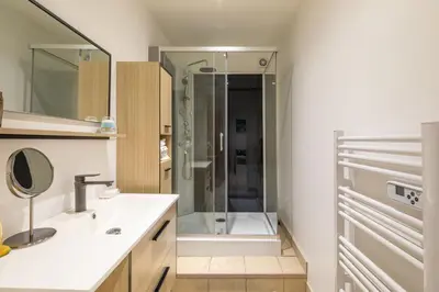 a bathroom with a shower and a sink at La Succulente - T1 bis climatisé proche plage in Cannes