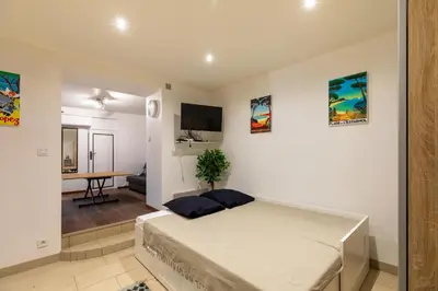 a bedroom with a large bed in a room at La Succulente - T1 bis climatisé proche plage in Cannes
