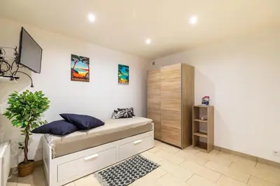 a bedroom with a bed and a tv on the wall at La Succulente - T1 bis climatisé proche plage in Cannes