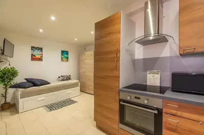 a kitchen with a stove top oven next to a couch at La Succulente - T1 bis climatisé proche plage in Cannes