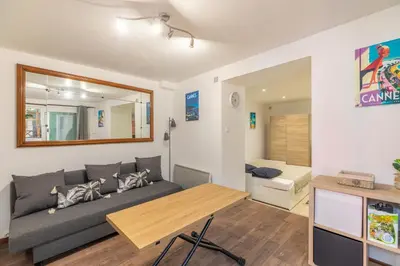 a living room with a couch and a table at La Succulente - T1 bis climatisé proche plage in Cannes
