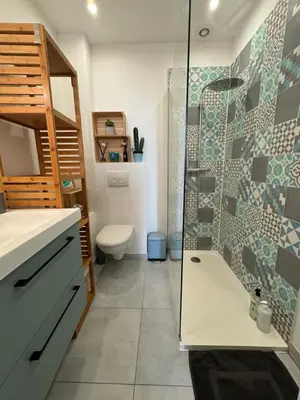 a bathroom with a shower and a toilet at Cocon Bohème Cannes Croisette-Palais-Plages 200m in Cannes
