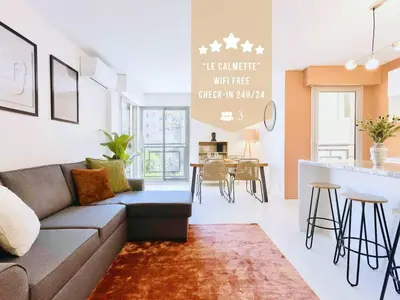 a living room with a couch and a kitchen at Le Calmette - Logement Confort Centre Cannes in Cannes