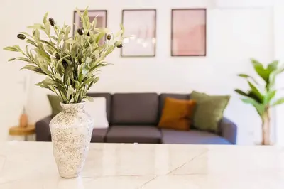 a vase with flowers on a table in a living room at Le Calmette - Logement Confort Centre Cannes in Cannes