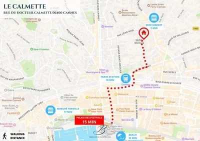 a map with a red marker on it at Le Calmette - Logement Confort Centre Cannes in Cannes