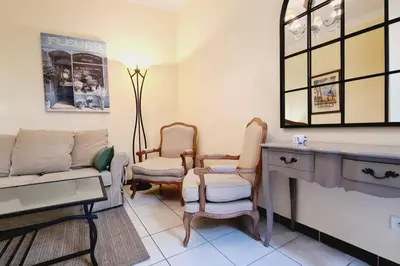 a living room with a couch and chairs and a mirror at Beautiful 2-bedroom apartment - near the Palais and the beaches in Cannes