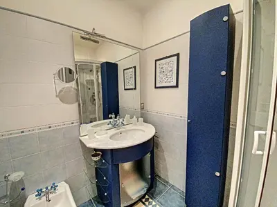 a blue and white bathroom with a sink and a shower at en centre ville magnifique pied a terre ran44 in Cannes