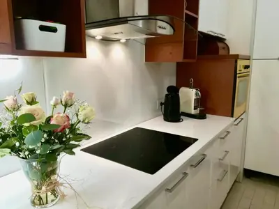 a kitchen with a vase of flowers on a counter at en centre ville magnifique pied a terre ran44 in Cannes