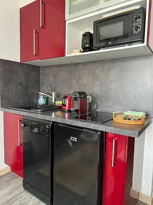 a kitchen with red cabinets and a black dishwasher at Cet été à Cannes, Studio cosy à 8' de la Croisette in Cannes