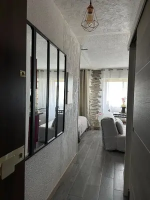 a living room with a couch and a bedroom at Cet été à Cannes, Studio cosy à 8' de la Croisette in Cannes