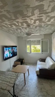 a living room with a couch and a tv at Appartement studio Cannes in Cannes