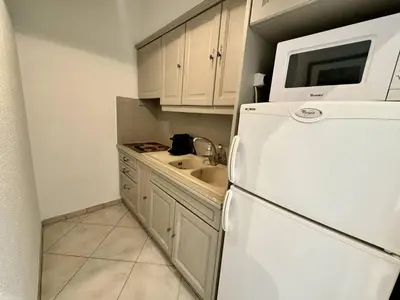 a kitchen with a white refrigerator and a sink at 242 Cannes La Croisette - PALAIS MIRAMAR - Studio au calme coté jardin in Cannes