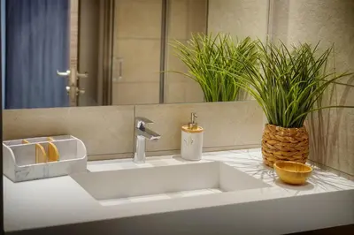 a bathroom counter with a sink and a mirror at Sublime Studio TERRASSE, Edith Cavell- proche CROISETTE A0B196 in Cannes