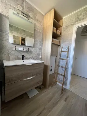 a bathroom with a sink and a mirror and a ladder at Riad by L'Oliveraie in Cannes