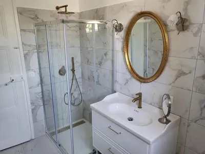 a bathroom with a shower and a sink and a mirror at Cannes - proche des plages de la célèbre Croisette in Cannes