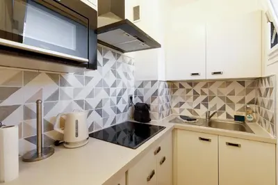 a small kitchen with a sink and a microwave at Studio très spacieux et Design LE BELLA Climatisé in Cannes