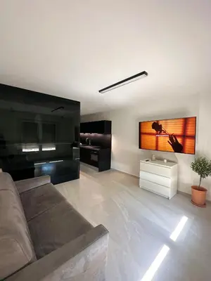 a living room with a couch and a flat screen tv at Appartement Design élégant in Le Cannet