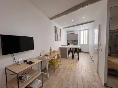 a living room with a flat screen tv on the wall at B032 Grand studio au marche Forville in Cannes